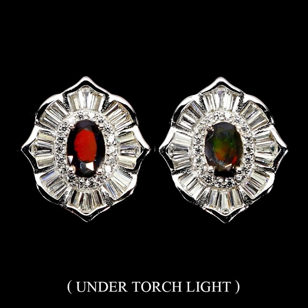 Elegant Natural Black Fire Opal Earrings in a 925 sterling silver ornate setting